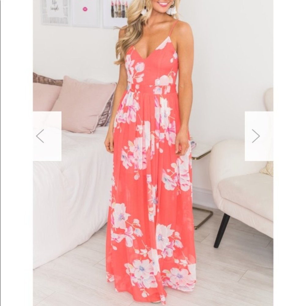 NEVER WORN -- CORAL FLORAL MAXI DRESS